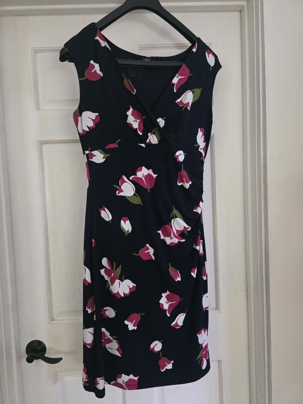 Ann Taylor Cap Slee Navy Floral Faux-Wrap Dress with Pink & White Blooms